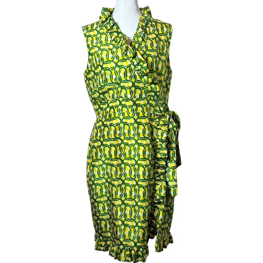 Alex Marie Sleeveless Faux Wrap Green Yellow Dress, 8 Petite